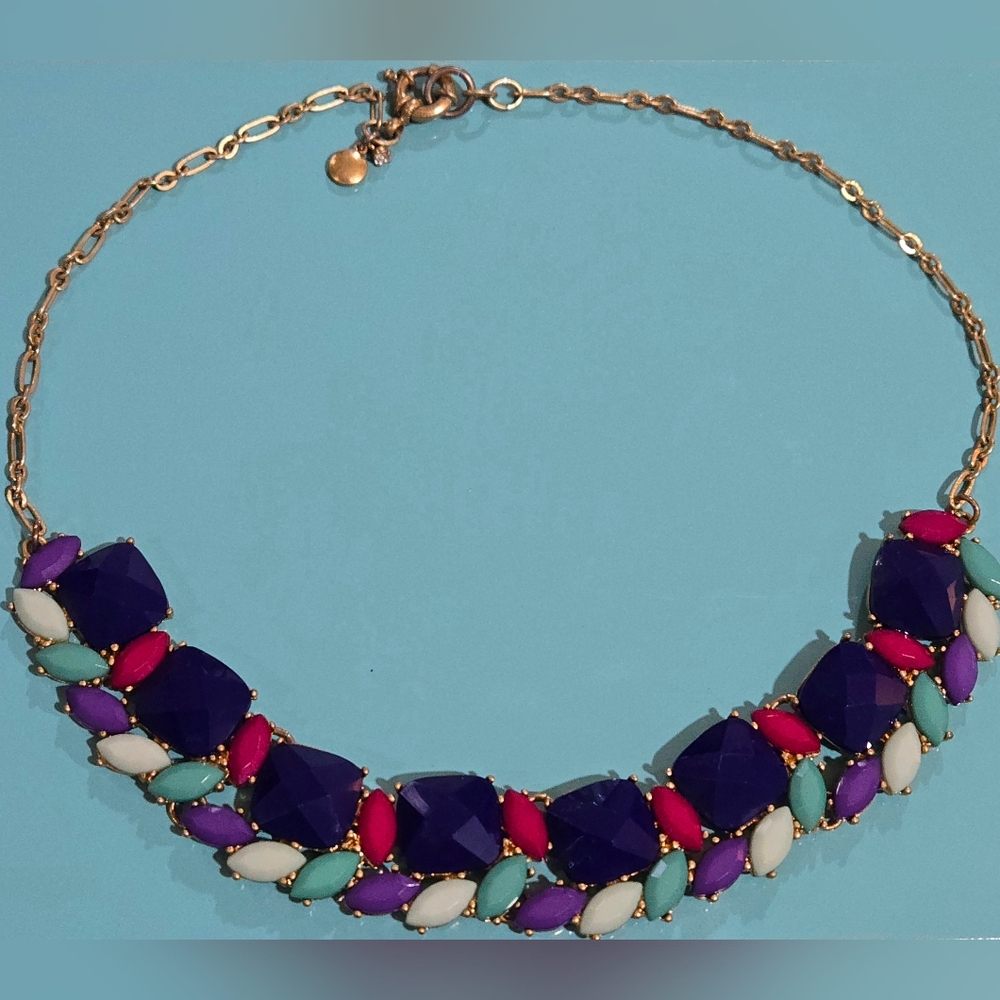 J. Crew Navy,Pink, Mint ,Purple, Multi-Color Jewel Bib Necklace | Gold Tone